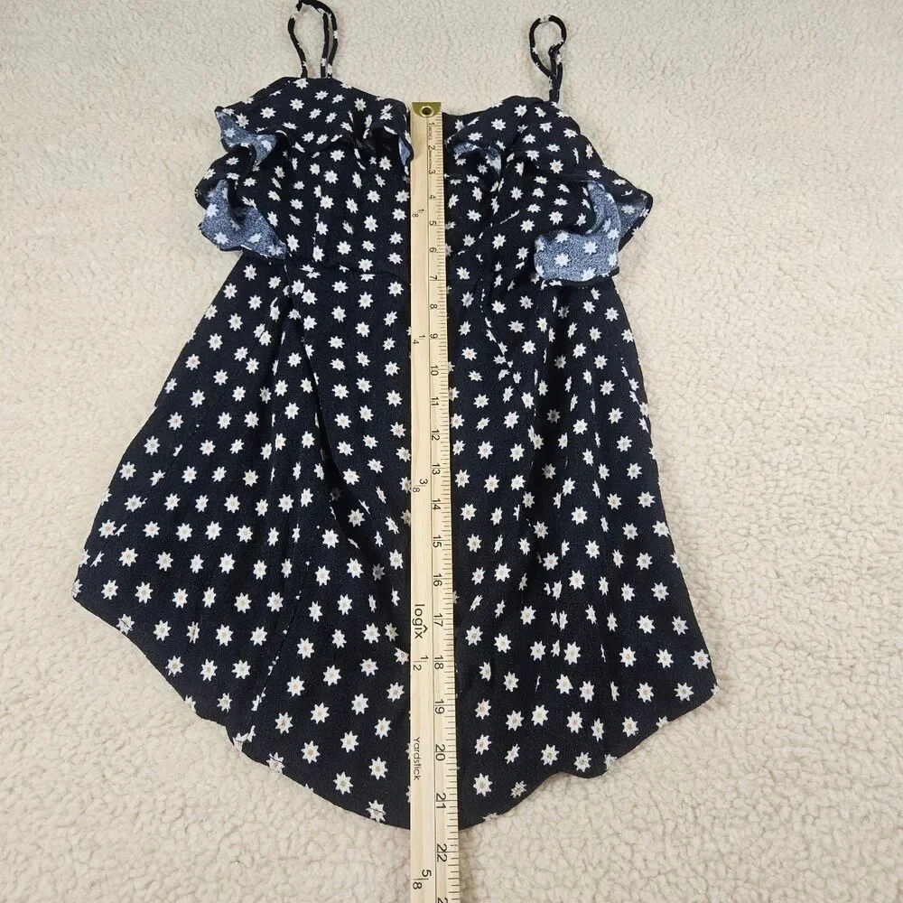 Free People XS Black Daisy Print Cold Shoulder Top Ruffle Trim Boho Rayon‎ Cami